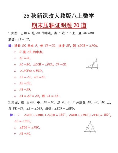【2025秋新版】人教版八上数学期末压轴证明题20道-大设天下