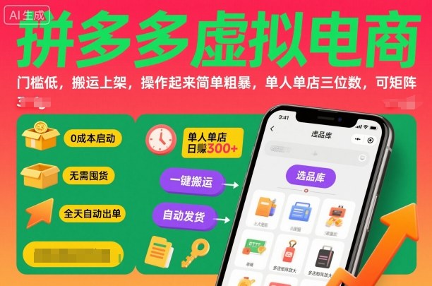 拼多多虚拟电商，门槛低，搬运上架，操作起来简单粗暴，单人单店三位数，可矩阵-大设天下