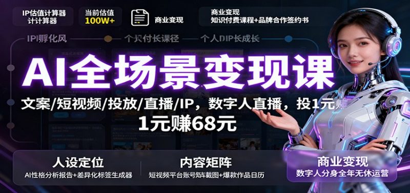AI全场景变现课：文案/短视频/投放/直播/IP，数字人直播，投1元赚68元-大设天下