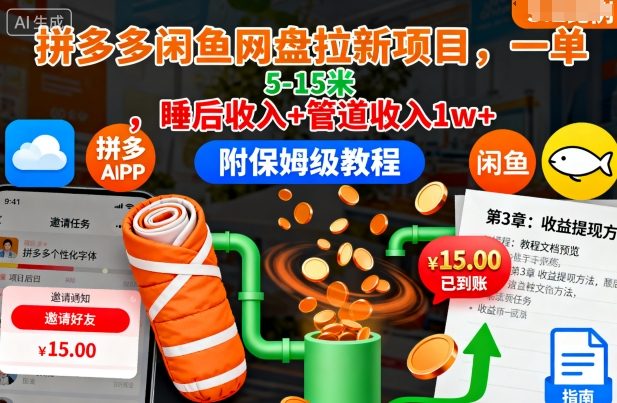 拼多多闲鱼网盘拉新项目，一单5-15米，睡后收入+管道收入1w+(附保姆级教程)-大设天下