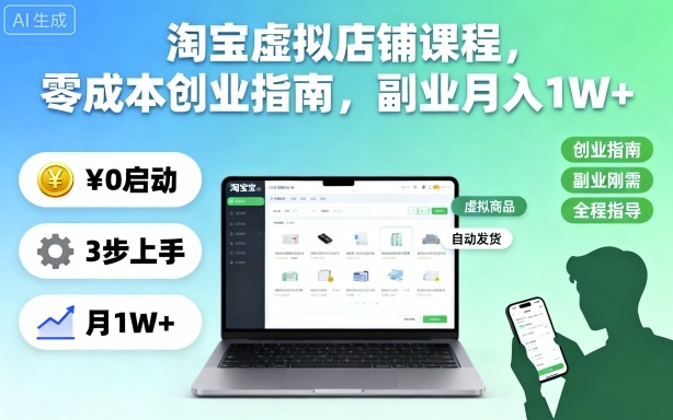 淘宝虚拟店铺课程，零成本创业指南，副业月入1W+-大设天下