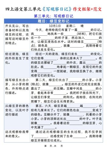 四上语文第三单元《写观察日记》作文支架＋优秀范文10页-大设天下