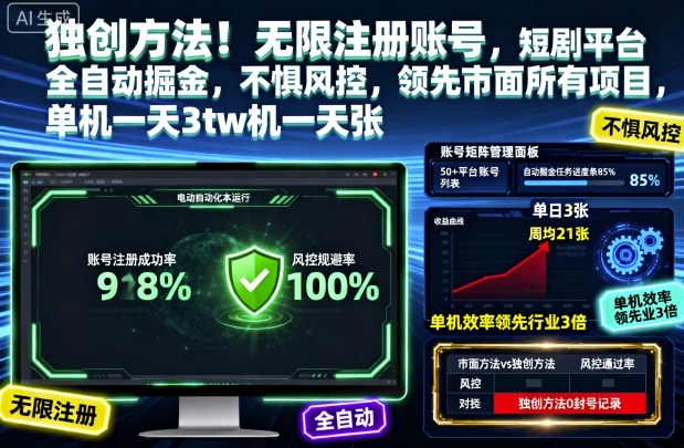 独创方法！无限注册账号，短剧平台全自动掘金，不惧风控，领先市面所有项目，单机一天3张【揭秘】-大设天下