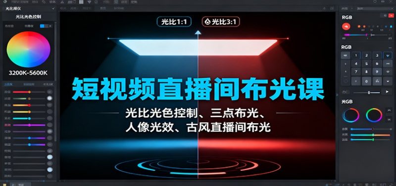 短视频直播间布光课：光比光色控制、三点布光、人像光效、古风直播间布光-大设天下
