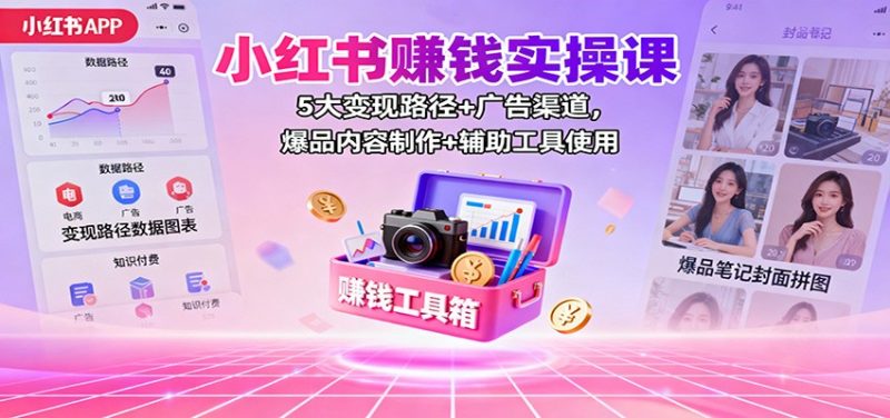 小红书赚钱实操课：5大变现路径+广告渠道，爆品内容制作+辅助工具使用-大设天下