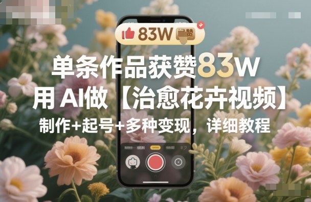 单条作品获赞83W，用AI做【治愈花卉视频】，制作+起号+多种变现，详细教程-大设天下