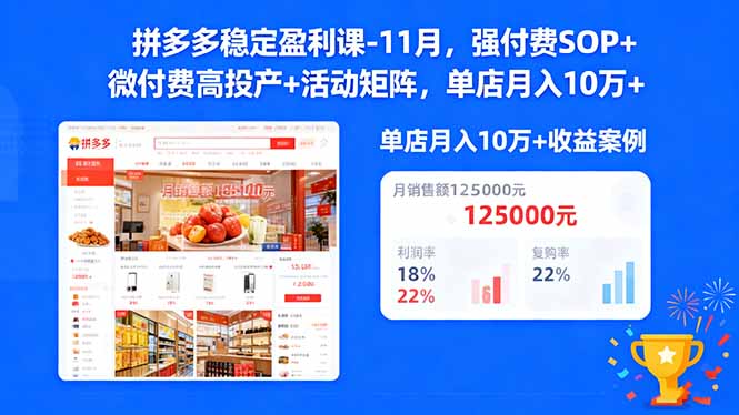 拼多多稳定盈利课-11月，强付费SOP+微付费高投产+活动矩阵，单店月入10万+-大设天下