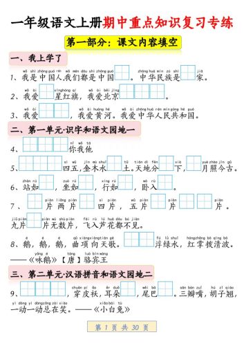 一年级上语文期中重点知识复习专练-大设天下