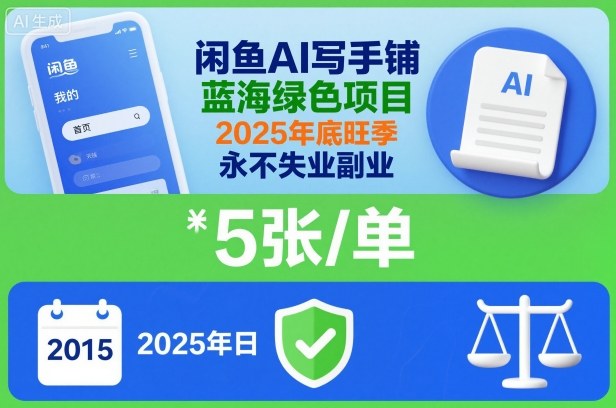 闲鱼AI写手铺，蓝海绿色项目，一单5张，2025年底旺季，永不失业副业-大设天下