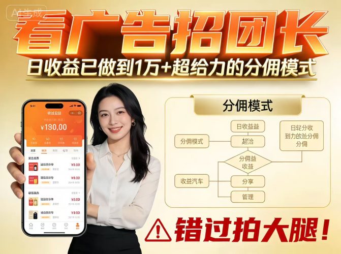 看广告招团长，团队收益已做到日入1万，分佣模式超给力，错过拍大腿-大设天下