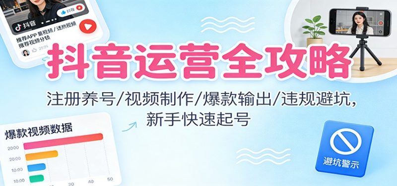 抖音运营全攻略：注册养号/视频制作/爆款输出/违规避坑，新手快速起号-大设天下