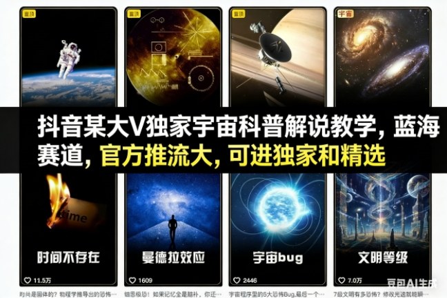 抖音某大V独家宇宙科普解说教学，蓝海赛道，官方推流大，可进独家和精选-大设天下