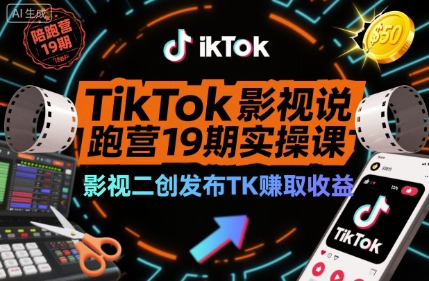 TikTok影视解说陪跑营19期实操课，影视二创发布TK賺取收益，万播收益50美金(更新)-大设天下