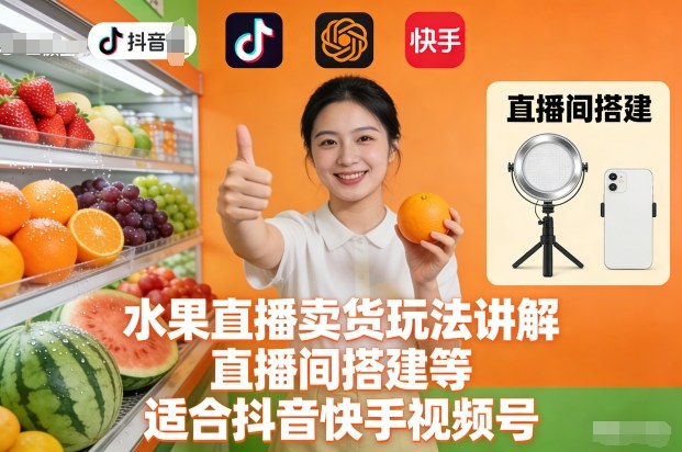 水果直播卖货玩法讲解、直播间搭建等，适合抖音快手视频号-大设天下