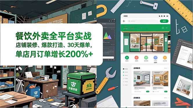 餐饮外卖全平台实战，店铺装修、爆款打造、30天爆单，手把手教学，单店月订单增长200%+-大设天下