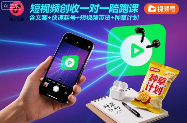 短视频创收一对一陪跑课，含文案+快速起号+短视频带货+种草计划-大设天下