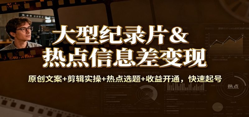 大型纪录片&热点信息差变现：原创文案+剪辑实操+热点选题+收益开通，快速起号-大设天下