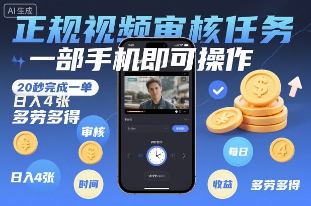 正规视频审核任务，一部手机即可操作，20秒完成一单，日入4张，多劳多得【揭秘】-大设天下