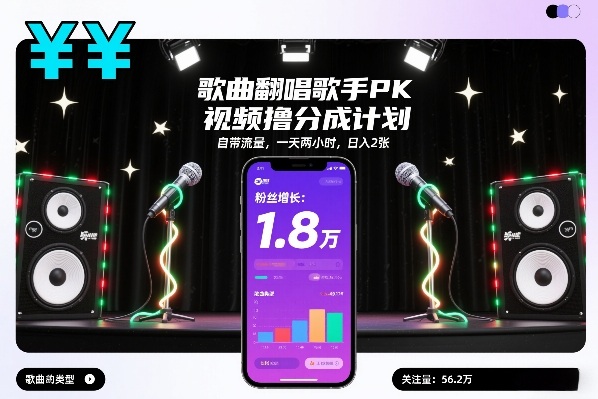 歌曲翻唱歌手PK视频撸分成计划，自带流量，一天两小时，日入2张-大设天下