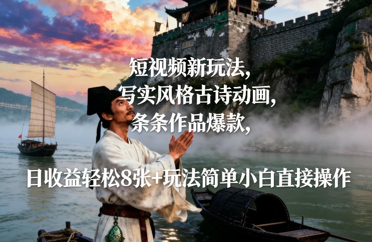 短视频新玩法，写实风格古诗动画，条条作品爆款，日收益轻松8张+玩法简单小白直接操作-大设天下