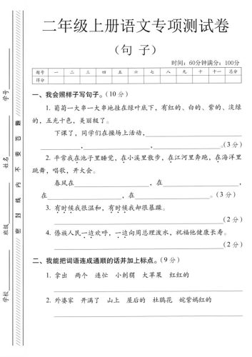 二年级上语文句子专项练习卷-大设天下