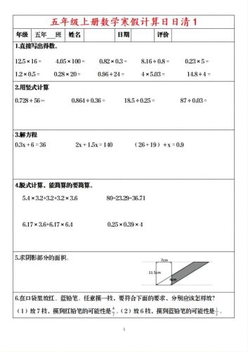 五年级上数学寒假日日清30天-大设天下