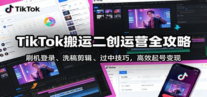 TikTok搬运二创运营全攻略：刷机登录、洗稿剪辑 、过中技巧，高效起号变现-大设天下