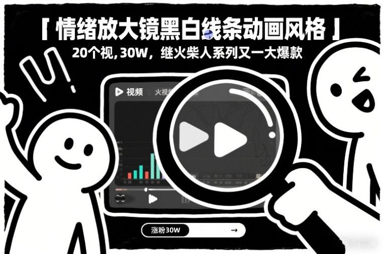 情绪放大镜黑白线条动画风格，20个视频，涨粉30W，继火柴人系列又一大爆款-大设天下