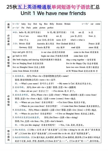 五年级上英语单词短语句子语法汇总人教精通版-大设天下