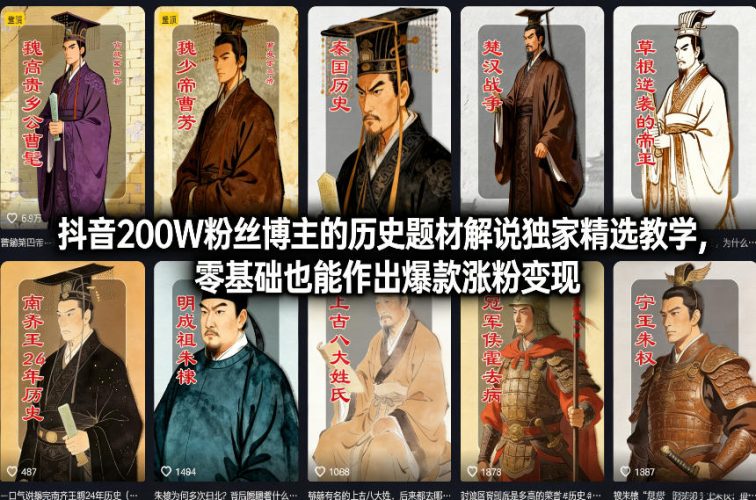 抖音200W粉丝博主的历史题材解说独家精选教学，零基础也能作出爆款涨粉变现-大设天下