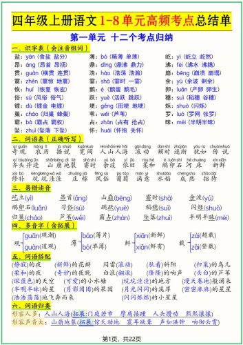 四上语文1-8单元高频考点总结单（十二个考点归纳）22页-大设天下