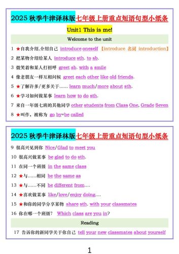 七年级上英语重点短语句型小纸条（牛津译林版）-大设天下