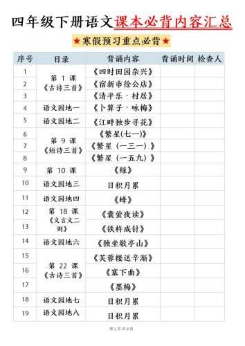 四下语文寒假预习课本必背内容汇总（9页）-大设天下