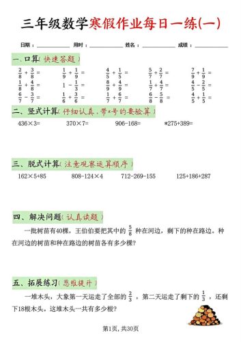 三年级上数学寒假作业每日一练30天-大设天下