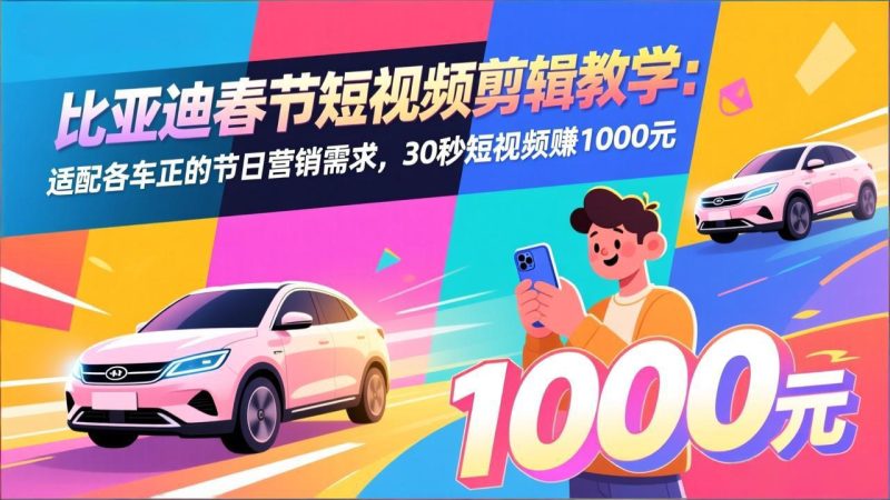 比亚迪春节短视频剪辑教学：适配各车企的节日营销需求，30秒短视频赚1000元-大设天下