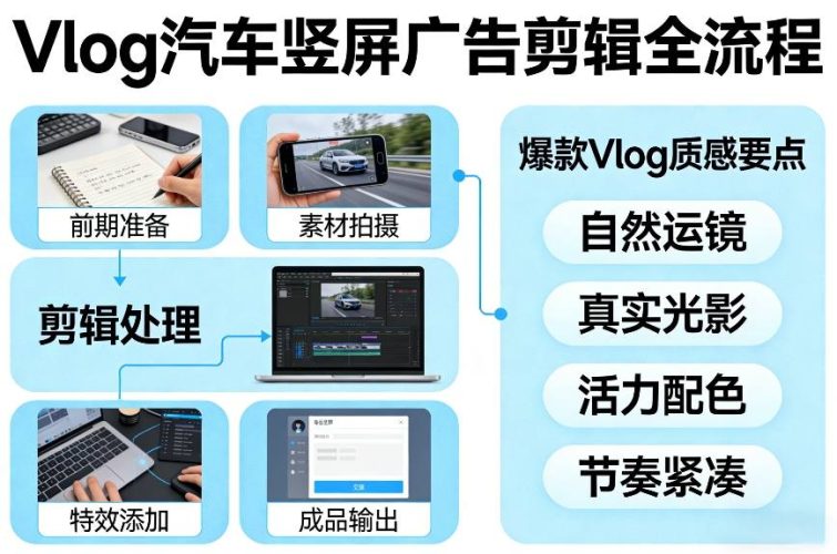 Vlog感觉汽车竖屏广告剪辑脚本全流程，拿捏爆款Vlog质感-大设天下
