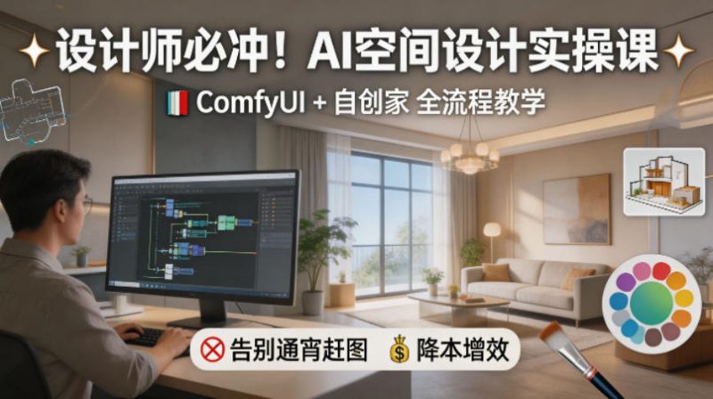 设计师必冲！AI空间设计实操课，ComfyUI+自创家全教学，告别通宵赶图，降本增效-大设天下